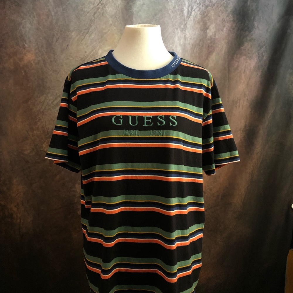 GUESS Black Tee with Green and Orange Stripe Pattern